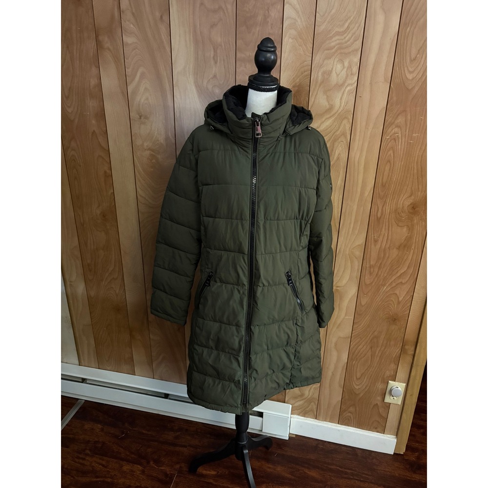 Andrew Marc Stretch Women XL Olive Green Hooded Puffer Coat Faux Fur Trim Parka
